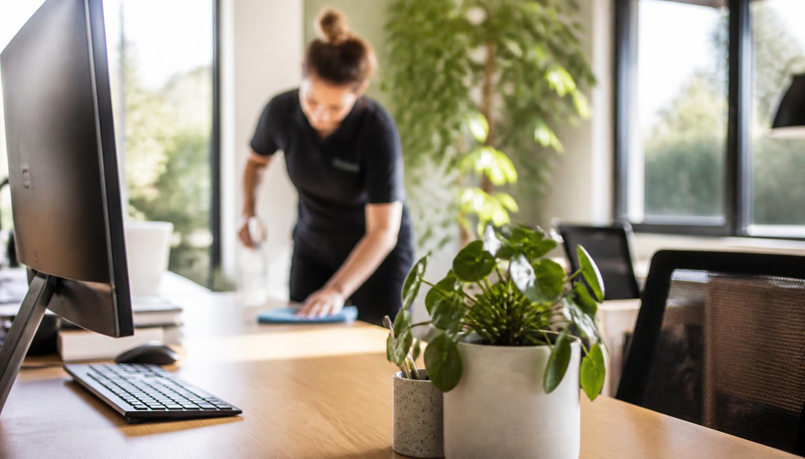 Schoonmaakmedewerker neemt een bureau stofvrij af met een microvezeldoek in een licht kantoor met plantjes in Limburg