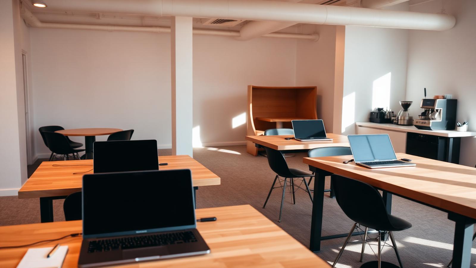 Moderne co-workingruimte in Limburg met hot desks, vergaderpods en koffiehoek — professioneel schoongemaakt