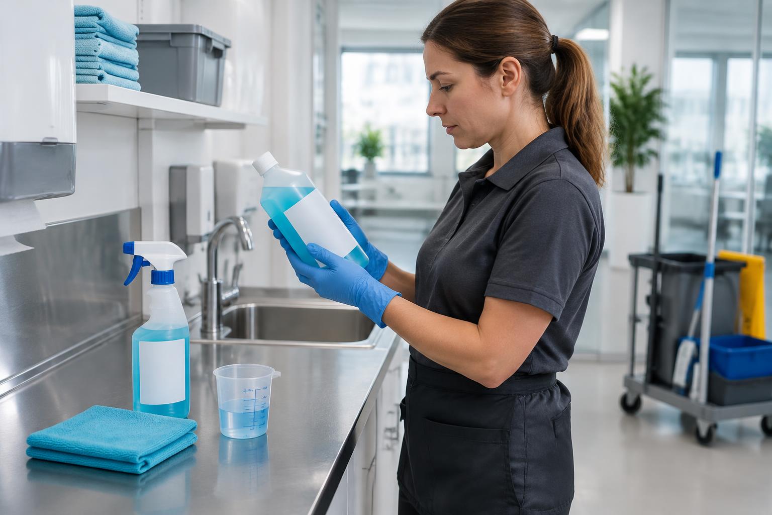 Schoonmaakmedewerker bekijkt een productetiket naast doseermateriaal en microvezeldoeken in een kantooromgeving