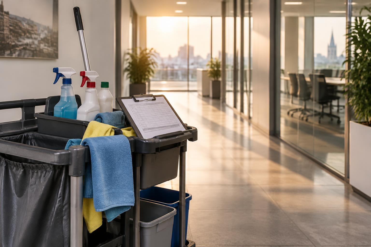 Schoonmaakkar met microvezeldoeken, sprayflessen en een klembord met personeelsplanning in een lichte kantoorgang