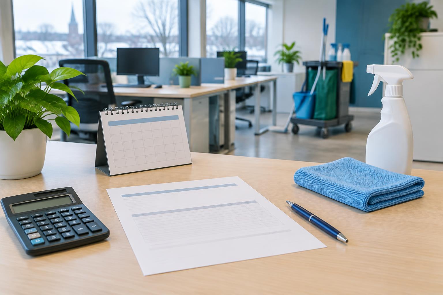 Bureau met rekenmachine, blanco factuur, kalender en een blauwe microvezeldoek, met een schoonmaakkar op de achtergrond van een licht kantoor