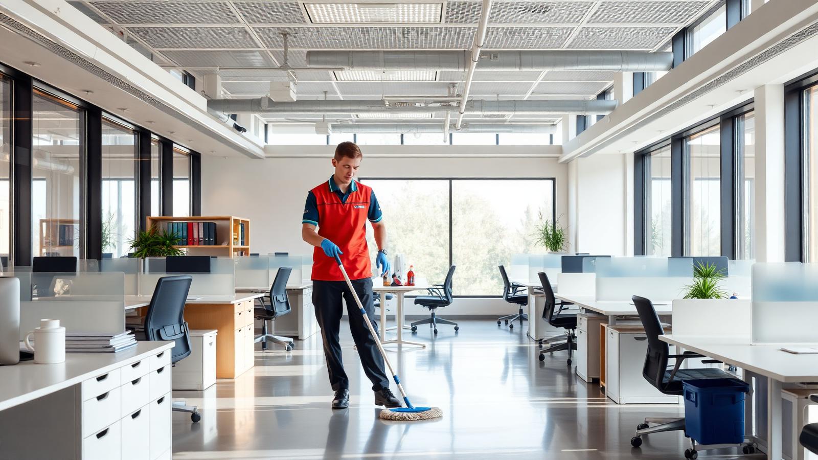 Professionele kantoorschoonmaak in Limburg — een team van NW Services reinigt een modern kantoor