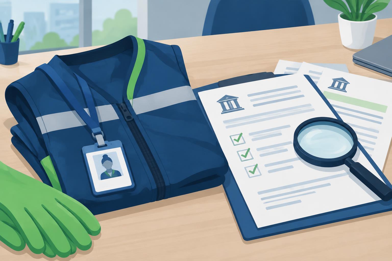 Werkvest en identiteitsbadge van een schoonmaakmedewerker naast inspectiedocumenten en een vergrootglas op een kantoorbureau