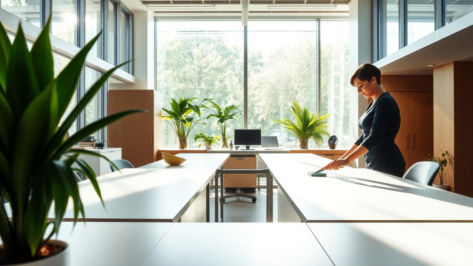 Schone, gezonde kantooromgeving in Limburg — spotless bureaus met natuurlijk licht en frisse planten